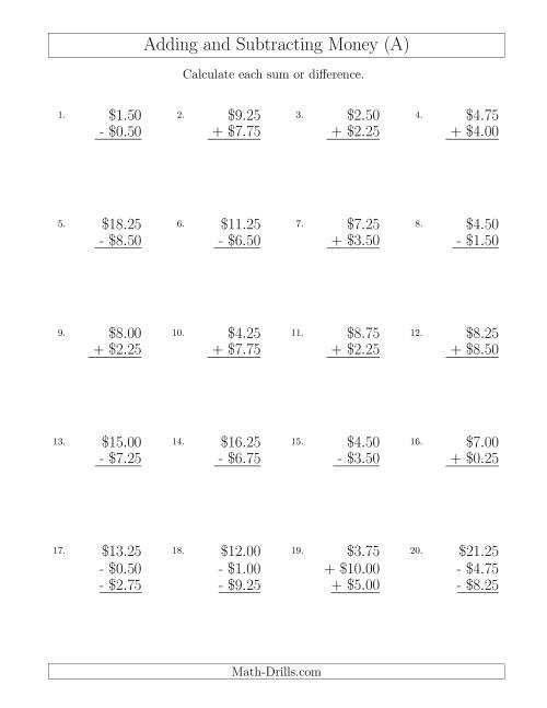 The Adding and Subtracting Dollars with Amounts up to $10 in Increments of 25 Cents (A) Math Worksheet