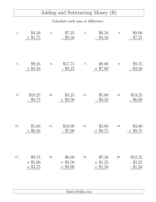 The Adding and Subtracting Dollars with Amounts up to $10 in Increments of 25 Cents (B) Math Worksheet