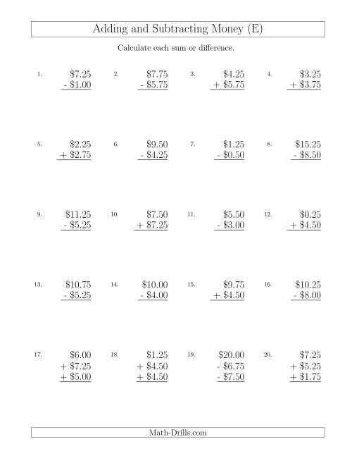 The Adding and Subtracting Dollars with Amounts up to $10 in Increments of 25 Cents (E) Math Worksheet