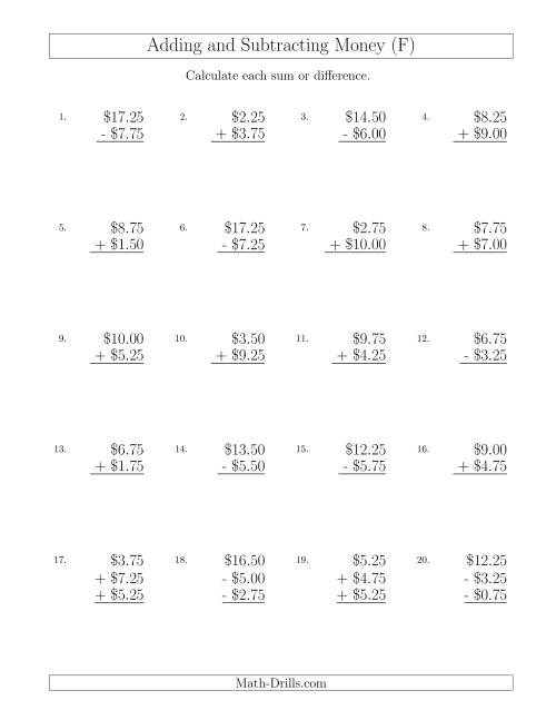 The Adding and Subtracting Dollars with Amounts up to $10 in Increments of 25 Cents (F) Math Worksheet