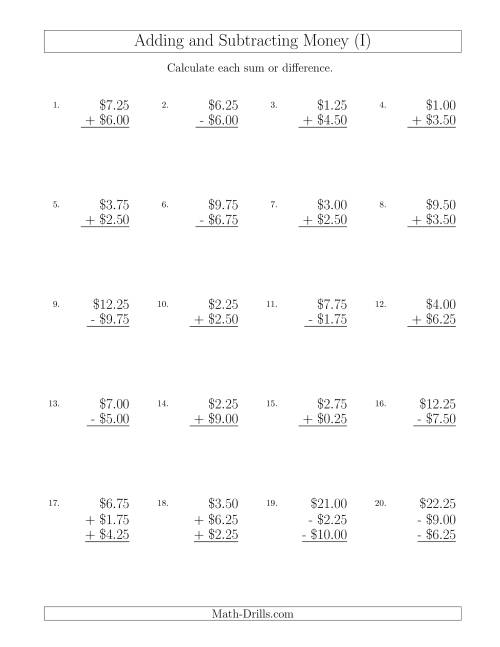 The Adding and Subtracting Dollars with Amounts up to $10 in Increments of 25 Cents (I) Math Worksheet