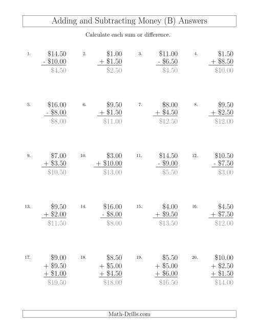 The Adding and Subtracting Dollars with Amounts up to $10 in Increments of 50 Cents (B) Math Worksheet Page 2