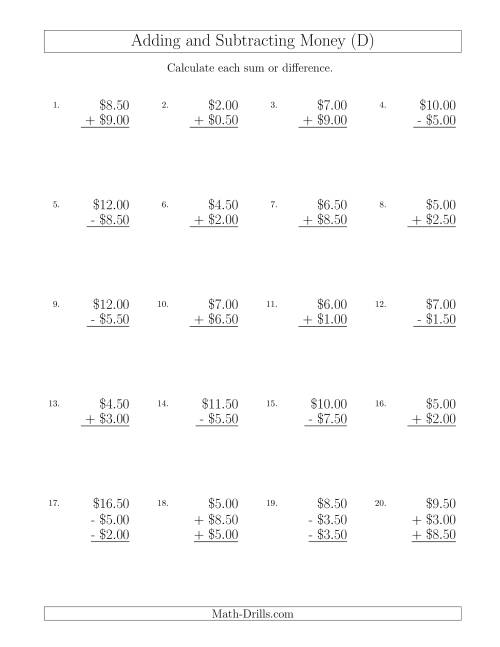 The Adding and Subtracting Dollars with Amounts up to $10 in Increments of 50 Cents (D) Math Worksheet