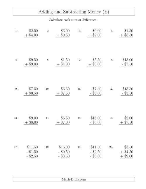 The Adding and Subtracting Dollars with Amounts up to $10 in Increments of 50 Cents (E) Math Worksheet