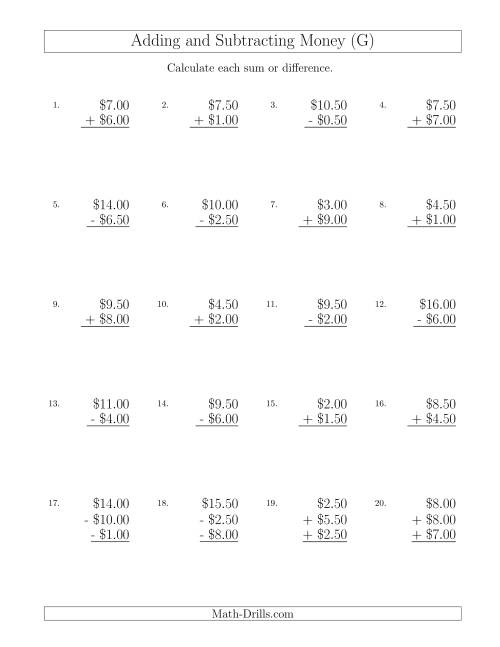The Adding and Subtracting Dollars with Amounts up to $10 in Increments of 50 Cents (G) Math Worksheet