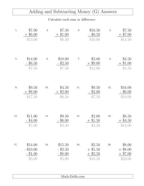 The Adding and Subtracting Dollars with Amounts up to $10 in Increments of 50 Cents (G) Math Worksheet Page 2