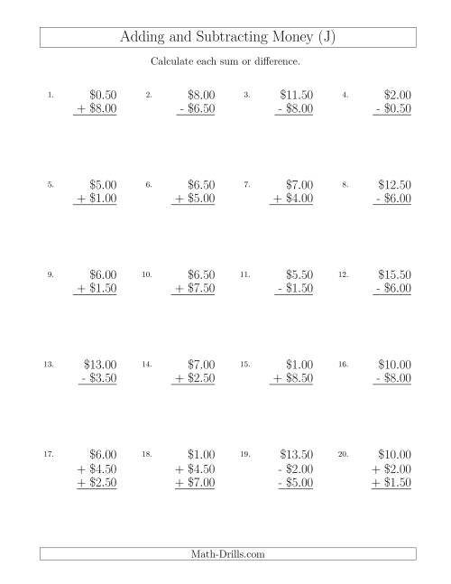 The Adding and Subtracting Dollars with Amounts up to $10 in Increments of 50 Cents (J) Math Worksheet