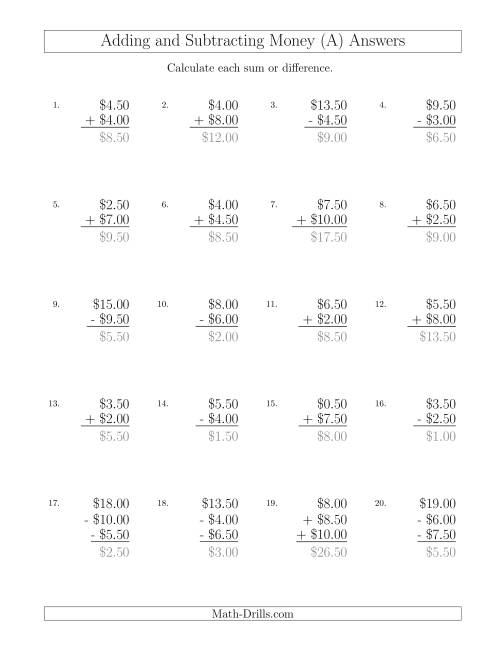 The Adding and Subtracting Dollars with Amounts up to $10 in Increments of 50 Cents (All) Math Worksheet Page 2