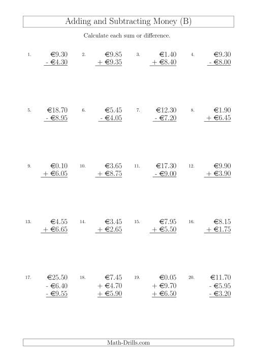The Adding and Subtracting Euros with Amounts up to €10 in Increments of 5 Cents (B) Math Worksheet