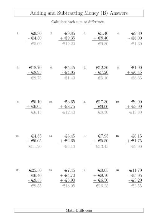 The Adding and Subtracting Euros with Amounts up to €10 in Increments of 5 Cents (B) Math Worksheet Page 2