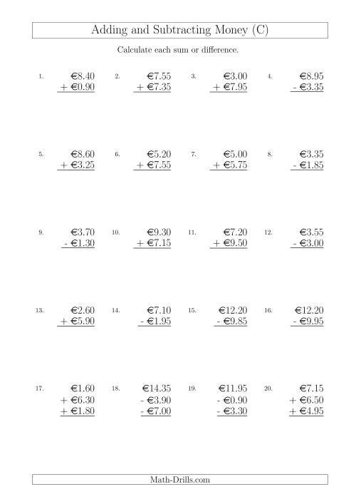 The Adding and Subtracting Euros with Amounts up to €10 in Increments of 5 Cents (C) Math Worksheet