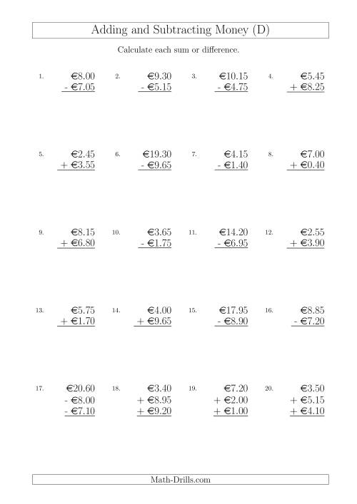 The Adding and Subtracting Euros with Amounts up to €10 in Increments of 5 Cents (D) Math Worksheet