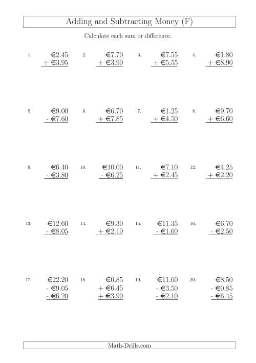 The Adding and Subtracting Euros with Amounts up to €10 in Increments of 5 Cents (F) Math Worksheet