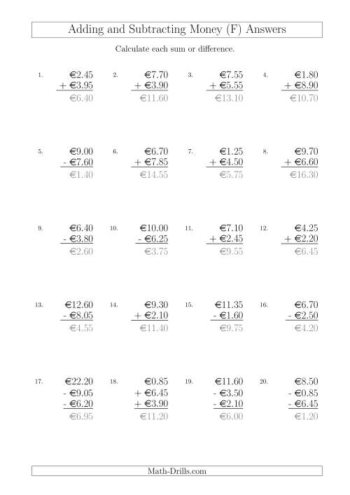 The Adding and Subtracting Euros with Amounts up to €10 in Increments of 5 Cents (F) Math Worksheet Page 2
