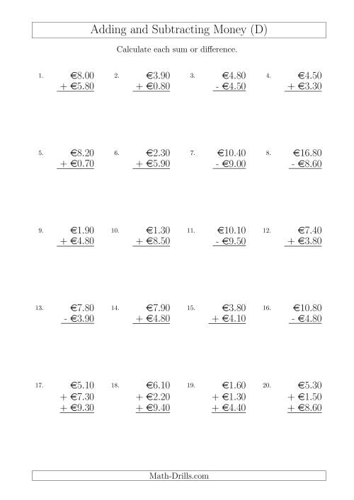 The Adding and Subtracting Euros with Amounts up to €10 in Increments of 10 Cents (D) Math Worksheet