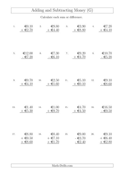 The Adding and Subtracting Euros with Amounts up to €10 in Increments of 10 Cents (G) Math Worksheet