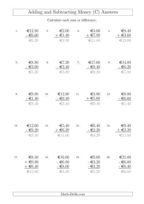 The Adding and Subtracting Euros with Amounts up to €10 in Increments of 20 Cents (C) Math Worksheet Page 2