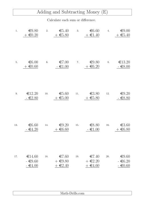 The Adding and Subtracting Euros with Amounts up to €10 in Increments of 20 Cents (E) Math Worksheet