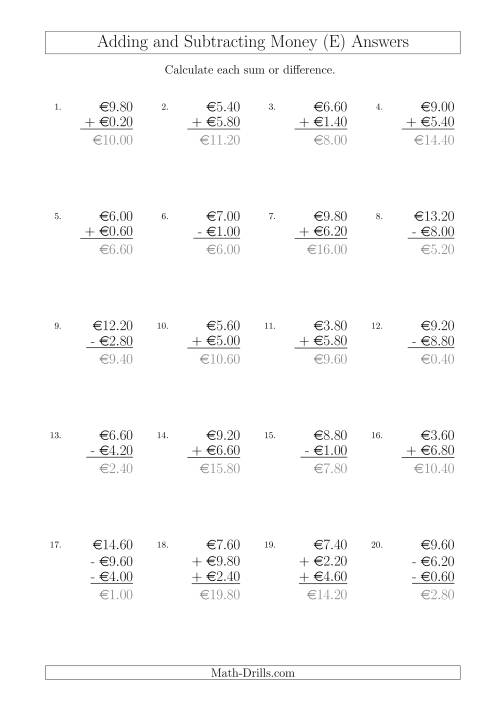 The Adding and Subtracting Euros with Amounts up to €10 in Increments of 20 Cents (E) Math Worksheet Page 2