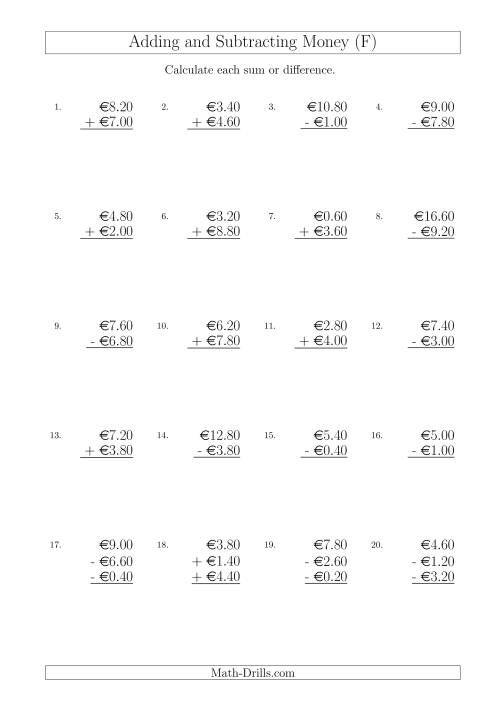 The Adding and Subtracting Euros with Amounts up to €10 in Increments of 20 Cents (F) Math Worksheet