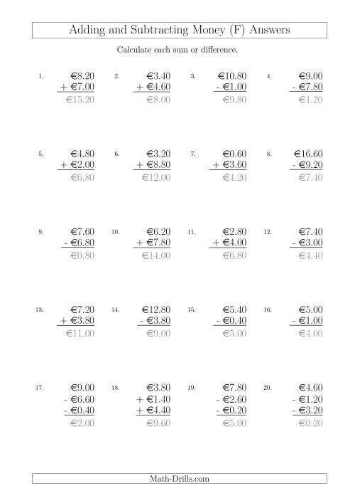 The Adding and Subtracting Euros with Amounts up to €10 in Increments of 20 Cents (F) Math Worksheet Page 2