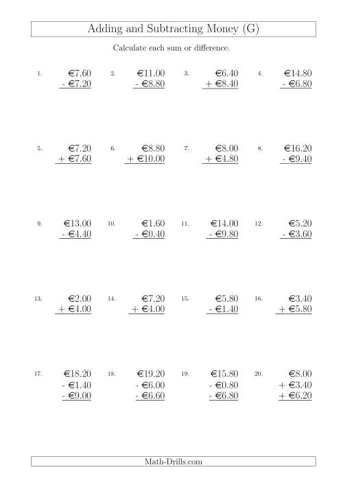 The Adding and Subtracting Euros with Amounts up to €10 in Increments of 20 Cents (G) Math Worksheet
