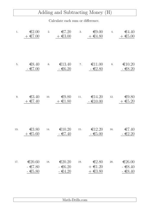 The Adding and Subtracting Euros with Amounts up to €10 in Increments of 20 Cents (H) Math Worksheet