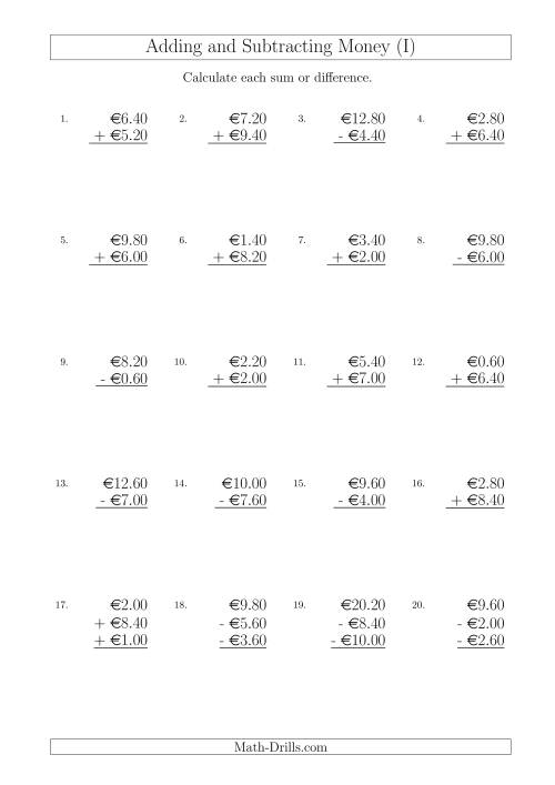 The Adding and Subtracting Euros with Amounts up to €10 in Increments of 20 Cents (I) Math Worksheet