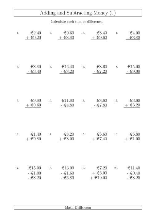 The Adding and Subtracting Euros with Amounts up to €10 in Increments of 20 Cents (J) Math Worksheet
