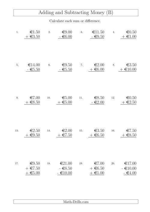 The Adding and Subtracting Euros with Amounts up to €10 in Increments of 50 Cents (B) Math Worksheet