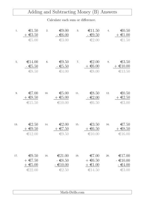 The Adding and Subtracting Euros with Amounts up to €10 in Increments of 50 Cents (B) Math Worksheet Page 2