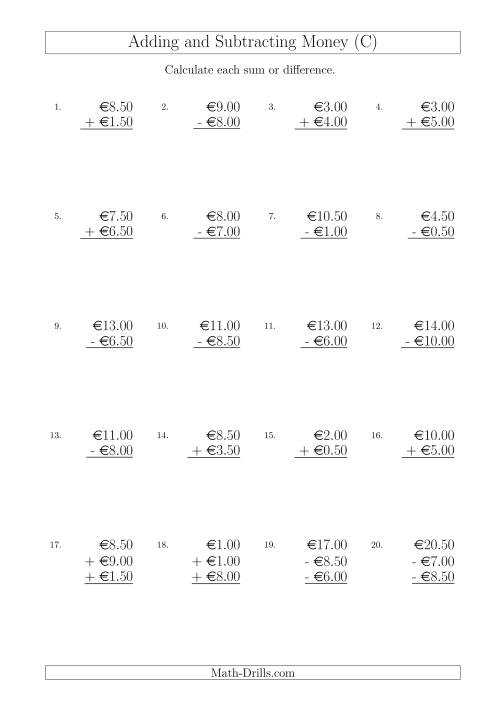 The Adding and Subtracting Euros with Amounts up to €10 in Increments of 50 Cents (C) Math Worksheet