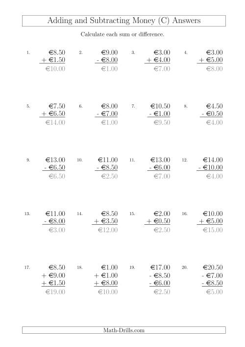 The Adding and Subtracting Euros with Amounts up to €10 in Increments of 50 Cents (C) Math Worksheet Page 2