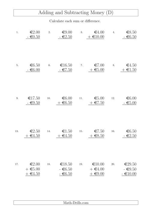 The Adding and Subtracting Euros with Amounts up to €10 in Increments of 50 Cents (D) Math Worksheet