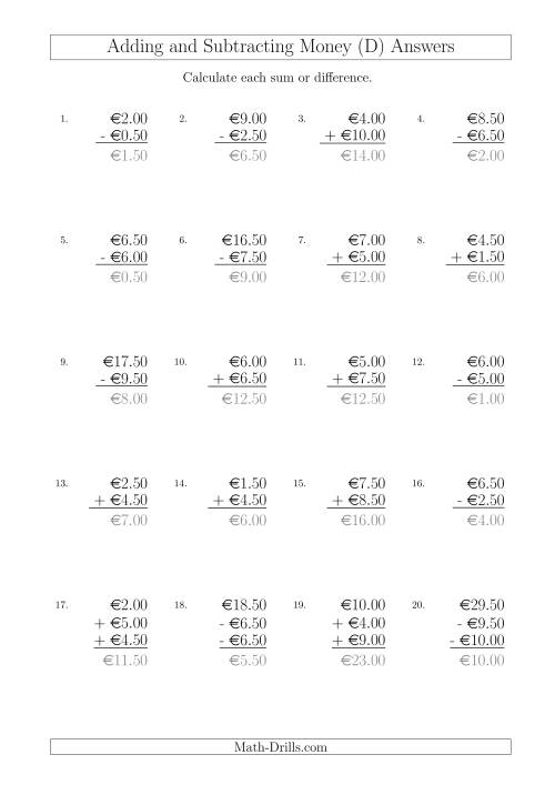 The Adding and Subtracting Euros with Amounts up to €10 in Increments of 50 Cents (D) Math Worksheet Page 2