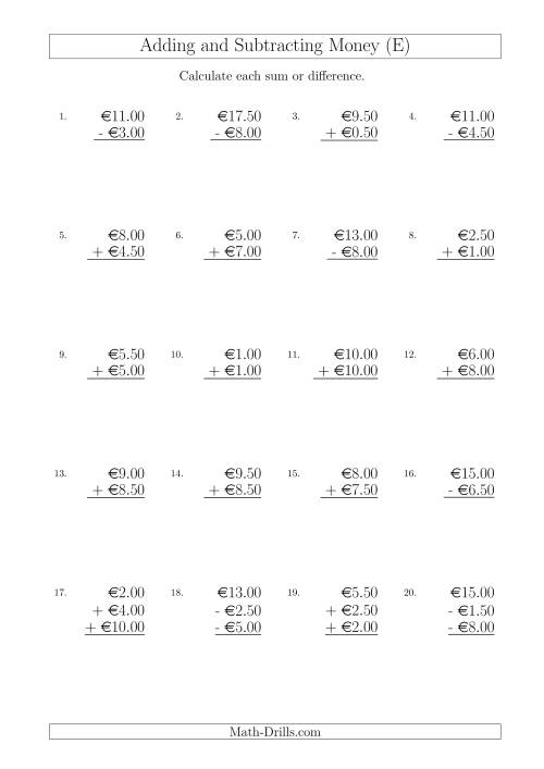 The Adding and Subtracting Euros with Amounts up to €10 in Increments of 50 Cents (E) Math Worksheet