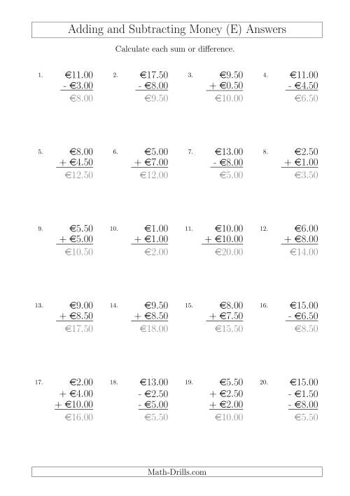 The Adding and Subtracting Euros with Amounts up to €10 in Increments of 50 Cents (E) Math Worksheet Page 2