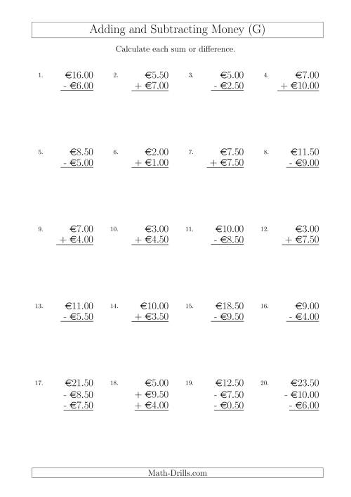 The Adding and Subtracting Euros with Amounts up to €10 in Increments of 50 Cents (G) Math Worksheet