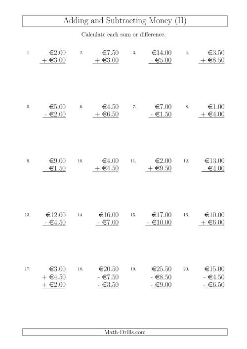 The Adding and Subtracting Euros with Amounts up to €10 in Increments of 50 Cents (H) Math Worksheet