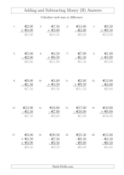 The Adding and Subtracting Euros with Amounts up to €10 in Increments of 50 Cents (H) Math Worksheet Page 2