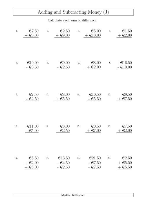 The Adding and Subtracting Euros with Amounts up to €10 in Increments of 50 Cents (J) Math Worksheet