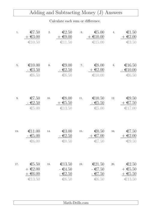 The Adding and Subtracting Euros with Amounts up to €10 in Increments of 50 Cents (J) Math Worksheet Page 2