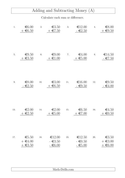 The Adding and Subtracting Euros with Amounts up to €10 in Increments of 50 Cents (All) Math Worksheet