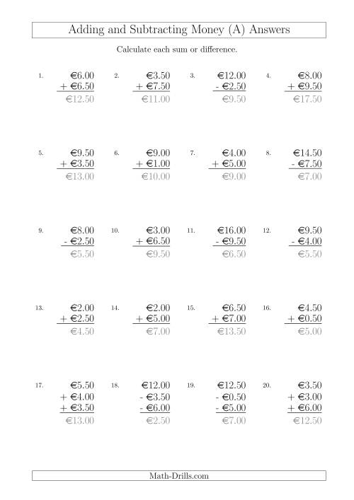 The Adding and Subtracting Euros with Amounts up to €10 in Increments of 50 Cents (All) Math Worksheet Page 2