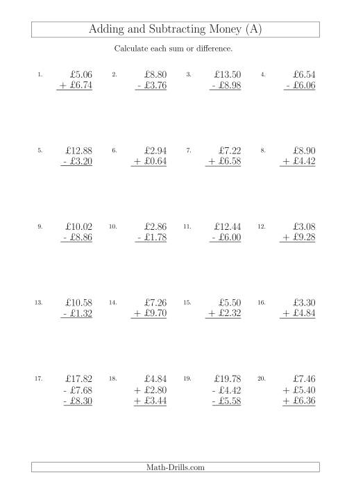 The Adding and Subtracting Pounds with Amounts up to £10 in 2 Pence Increments (A) Math Worksheet