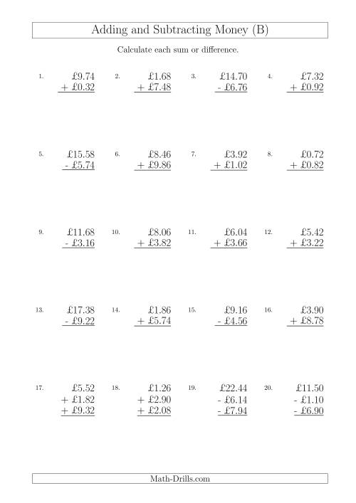 The Adding and Subtracting Pounds with Amounts up to £10 in 2 Pence Increments (B) Math Worksheet