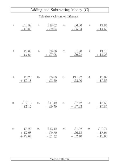 The Adding and Subtracting Pounds with Amounts up to £10 in 2 Pence Increments (C) Math Worksheet