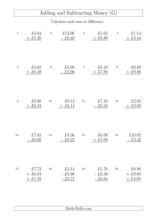 The Adding and Subtracting Pounds with Amounts up to £10 in 2 Pence Increments (G) Math Worksheet