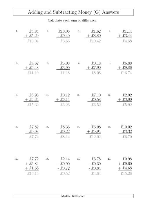 The Adding and Subtracting Pounds with Amounts up to £10 in 2 Pence Increments (G) Math Worksheet Page 2