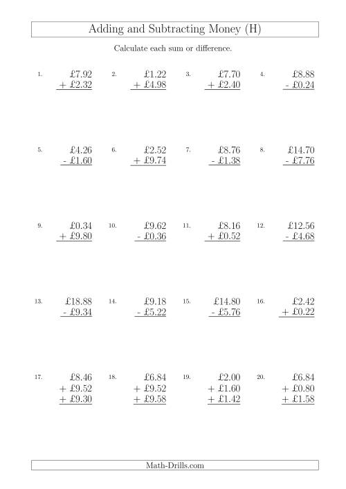 The Adding and Subtracting Pounds with Amounts up to £10 in 2 Pence Increments (H) Math Worksheet